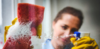 Gebaeudereinigerin Fensterputzen