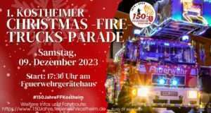 Parade mit weihnachtlichen feuerwehrfahrzeugen durch kostheim