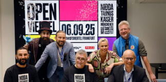 V.l.n.r.: Babak Farahani, GV Wiesenhüttenplatz, Dompteur, Max Coga, Pik Dame und Profisportler, Nazim Alemdar, YokYok und Vorsitzender des GV Treffpunkt Bahnhofsviertel, Betty Wulff, Reservix und GV Treffpunkt Bahnhofsviertel, Eduard M. Singer, Leiter der Stabsstelle Stadtmarketing, sowie Daniel Moddelmog, stellvertretender Leiter der Bahnhofsmission