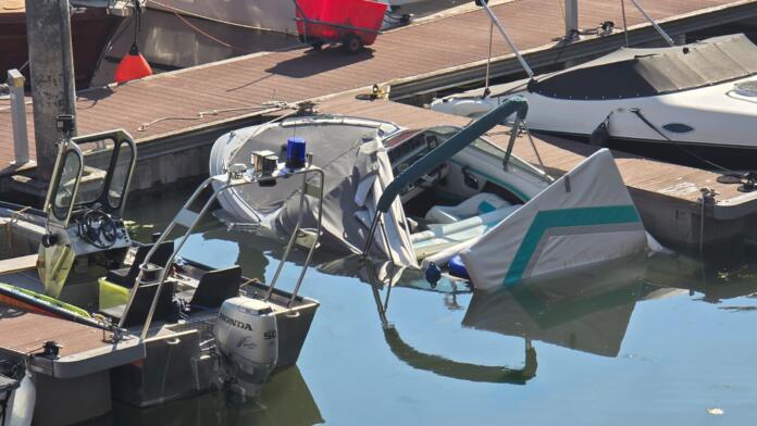 Sportboot im Zollhafen Mainz gekentert | Foto: BYC-News | Thorsten Lüttringhaus