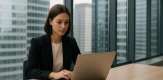 Arbeiten, Frau am Laptop, Bild: KI-generiert