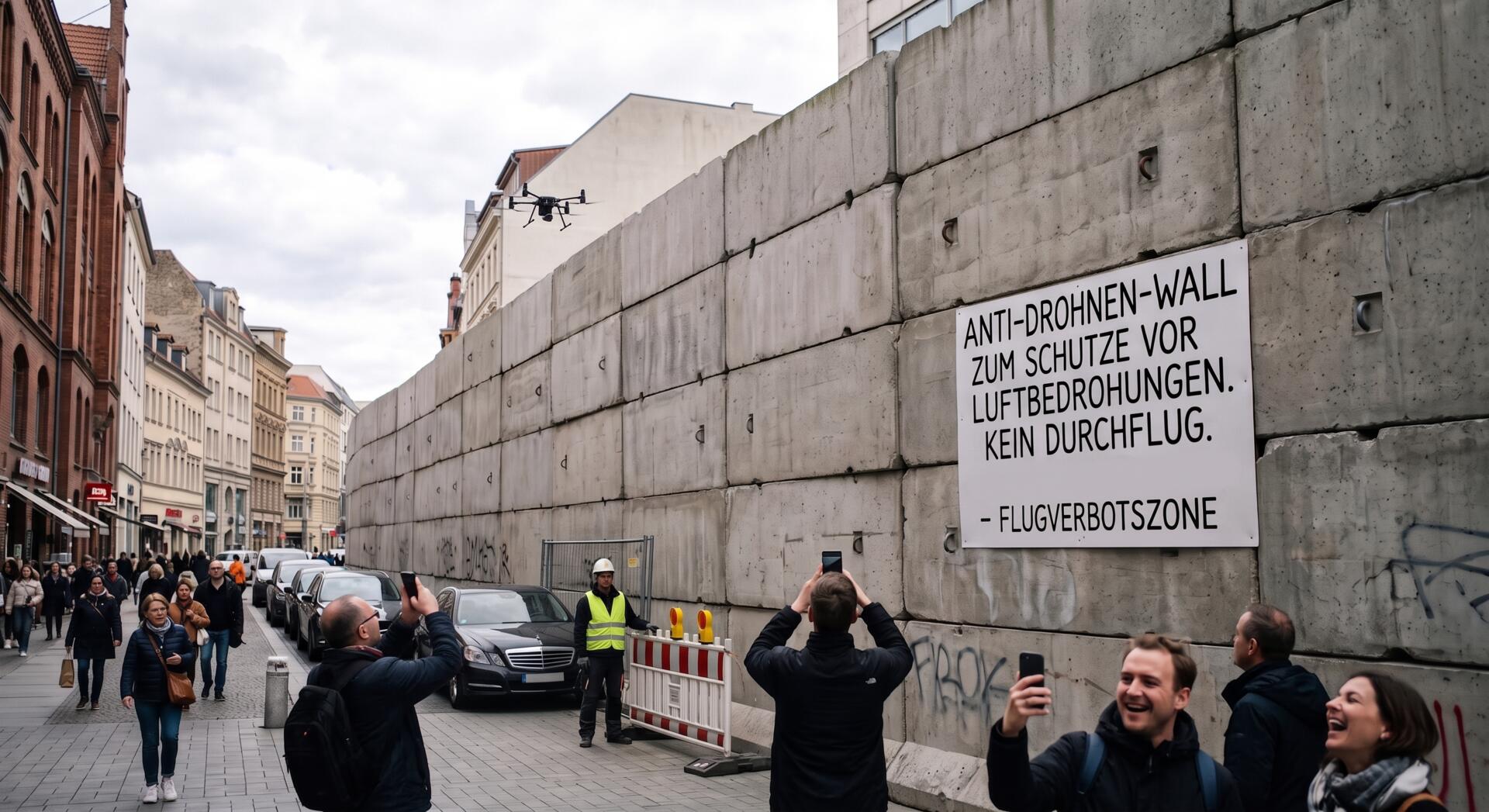 KI BILD Satire: Neue Terrorsperren sollen Feste vor Drohnen schützen